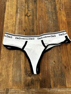Dolce & Gabbana White Thong with Black Trim and Logo Waistband